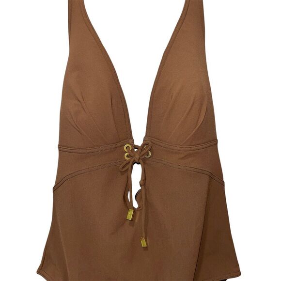 Michael Kors Women's Halterneck One Piece Swimsuit Brown Size 10 Gold Accents - Picture 7 of 7